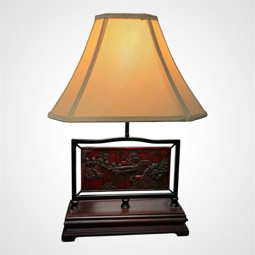 Vintage Asian Oriental Carved Landscape Plaque Table Lamp Wood Base Tested 23”.